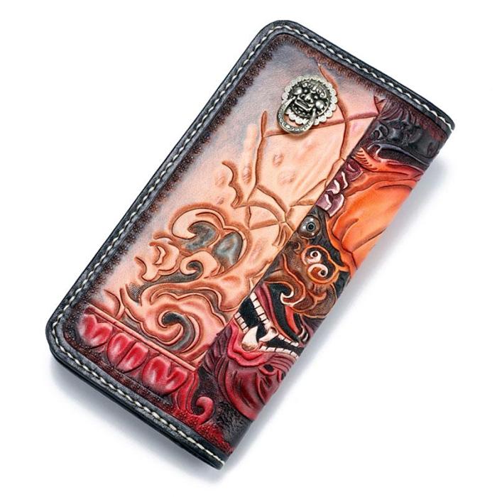 Handmade Leather Chinese Lion Mens Chain Biker Wallet Cool Leather Wallet With Chain Wallets for Men