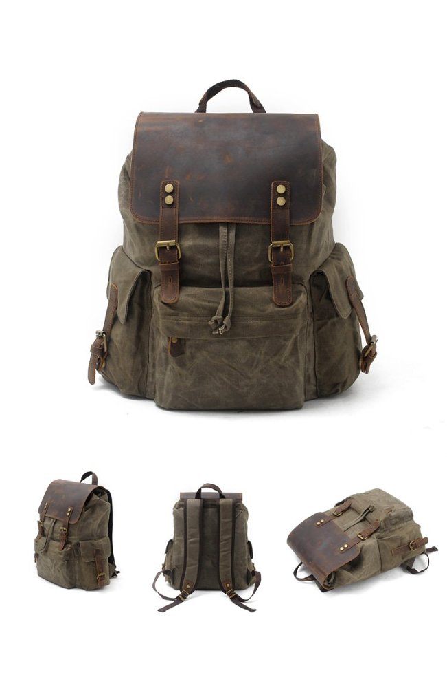 Cool Canvas Leather Mens Waterproof 14'' Computer Backpack Large Hiking Backpack Travel Backpack for Men
