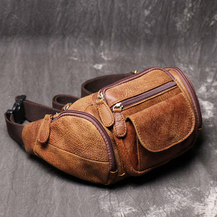 Black Leather Mens Crossbody Fanny Pack Leather Belt Bag for Men