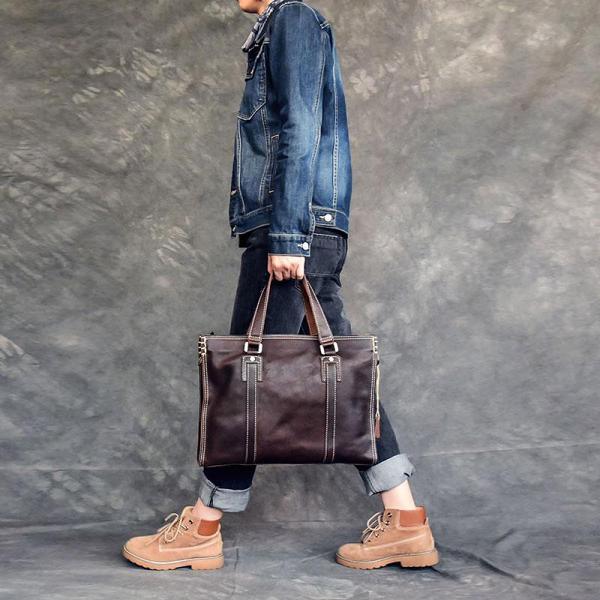 Brown Leather Mens 14 Laptop Briefcase Business Messenger Bag Brown Large Handbag For Men