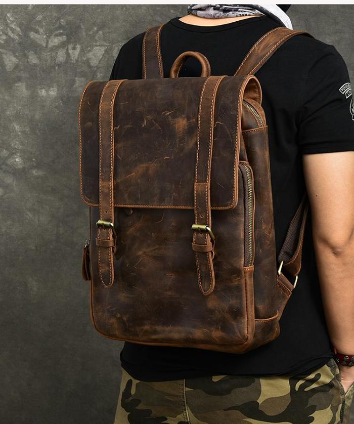 Cool Leather Mens 14 Dark Brown Hiking Backpack Travel Backpack College Backpack for Men