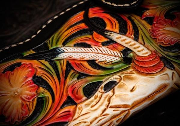 Handmade Leather Black Mens Tooled Skull Chain Biker Wallet Cool Leather Wallet Long Clutch Wallets for Men