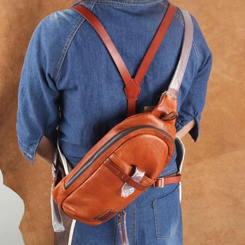 Genuine Leather Mens Cool Chest Bag Sling Bag Crossbody Bag Travel Bag Hiking Bag for men