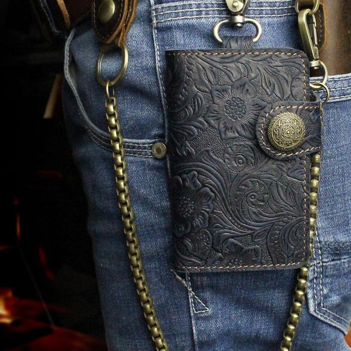 Handmade Leather Floral Mens Cool Key Wallet Wallet Card Holder Small Card Keychain Wallets for Men