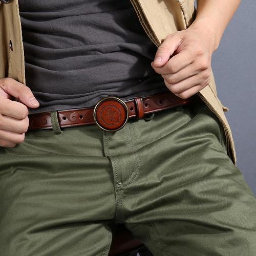 Genuine Tooled Leather Mens Embossed Black Belt Smooth Buckle Belt Brown Around Belt For Men