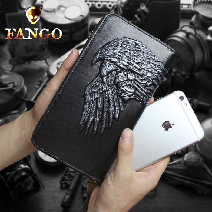 Handmade Leather Mens Tooled Indian Cool Zipper Phone Travel Long Wallet Card Holder Card Slim Clutch Wallets for Men