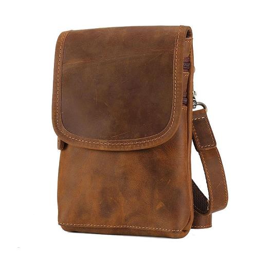 Cool Brown Leather Mens Belt Pouch Mini Shoulder Bag Belt Bags For Men