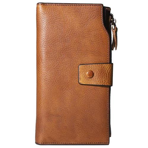 Cool Brown Leather Mens Long Wallet Gray Buckled Long Wallet Bifold Clutch Wallet for Men