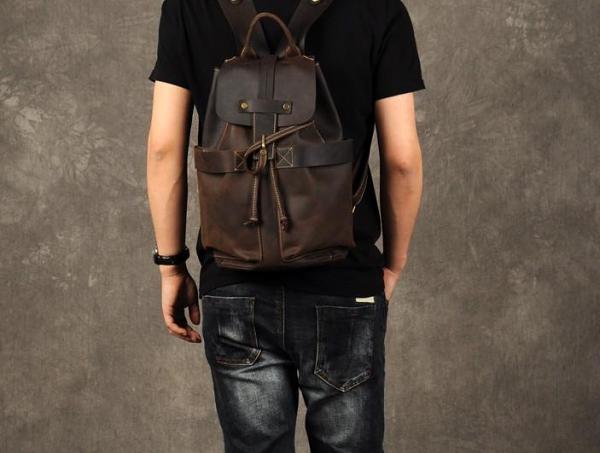 Genuine Leather Mens Cool Backpack Sling Bag Large Coffee Travel Bag Hiking Bag for men