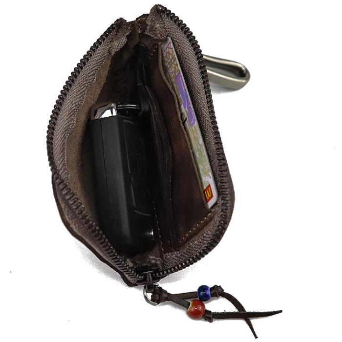 Vintage Brown Leather Men's Car Key Wallet Black Zipper Key Wallet For Men
