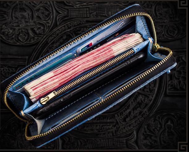 Handmade Leather Mens Chain Biker Wallet Cool Leather Wallet Long Clutch Wallets for Men