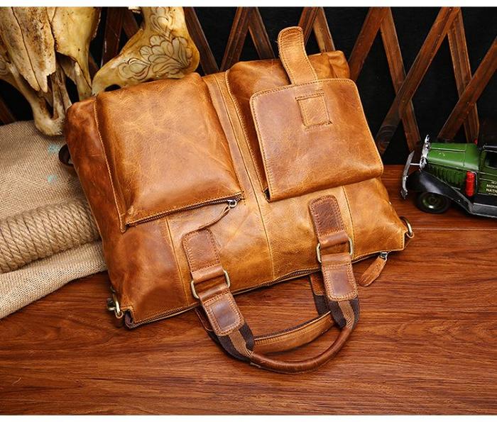 Vintage Brown Leather Men 15.6 inches Briefcase Handbag Brown Laptop Handbag Business Bag For Men