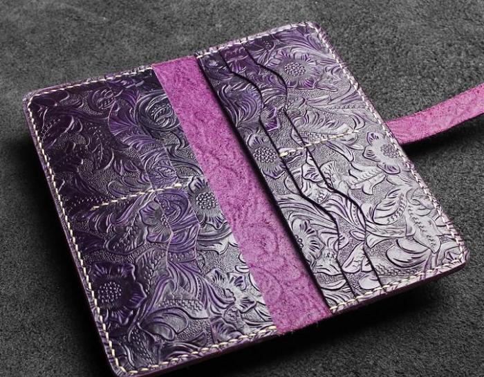 Handmade Leather Floral Mens Cool Travel Long Wallet Card Holder Card Slim Clutch Wallets for Men