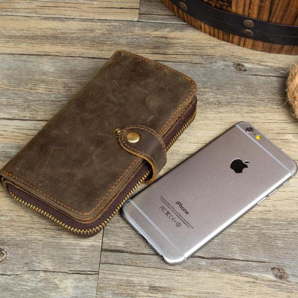 Cool Brown Mens long Wallet Bifold Zipper Clutch Wallet Cellphone Long Wallet for Men