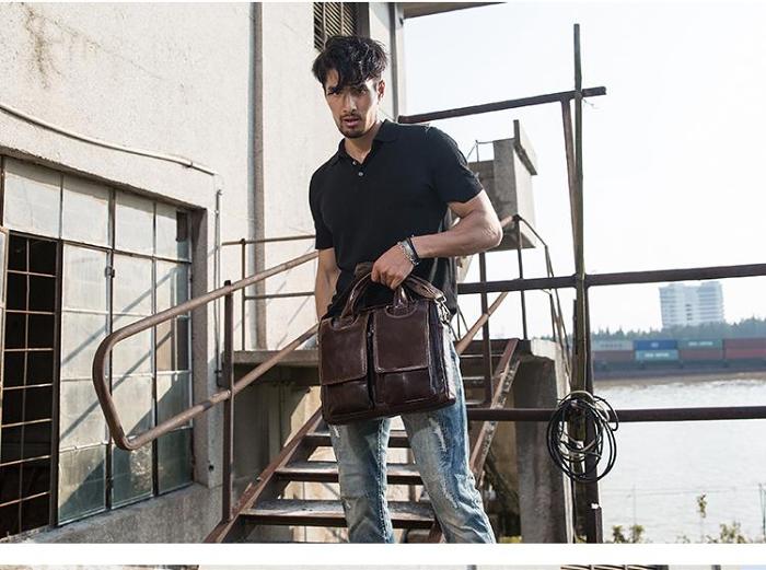 Cool Coffee Leather Mens 13 inches Vertical Briefcase Side Bag Messenger Bags Work Bags Courier Bag for Men
