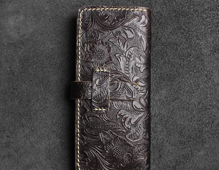 Handmade Leather Floral Mens Cool Travel Long Wallet Card Holder Card Slim Clutch Wallets for Men