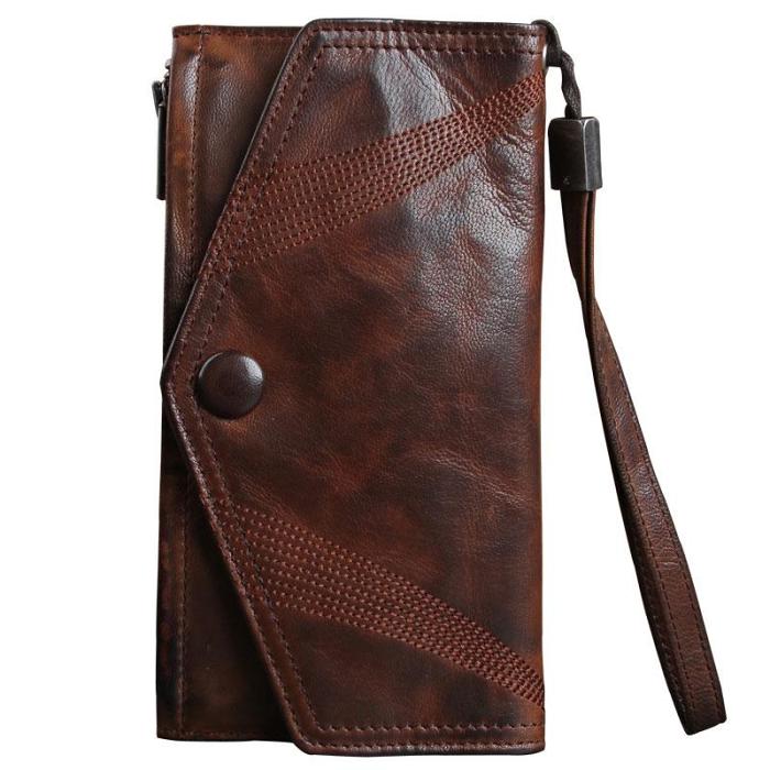 Genuine Leather Mens Cool Biker Chain Wallet Long Leather Wallet Slim Clutch Wristlet Wallet for Men