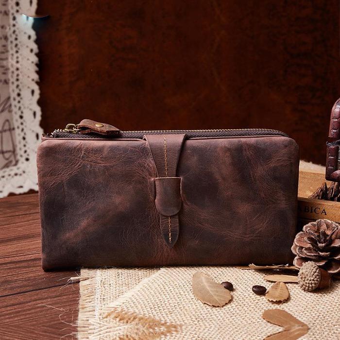 Vintage Coffee Cool Mens Leather Long Wallets Bifold Long Wallet for Men