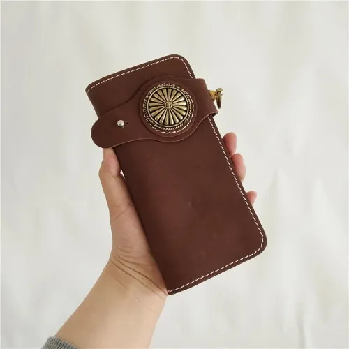 [On Sale] Handmade Mens Long Biker Wallet with Chain Cool Leather Biker Chain Wallet
