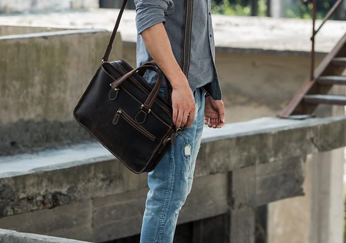 Coffee Leather Mens Briefcase Work Bag Laptop Bag Business Bag for Men