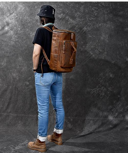 Retro Brown Leather Mens 14 Barrel Laptop Backpack Hiking Backpack Travel Backpack Large Backpack for Men