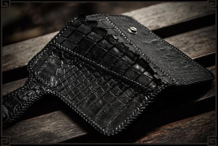 Handmade Leather Black Mens Chain Biker Wallet Cool Leather Wallet Long Clutch Wallets for Men