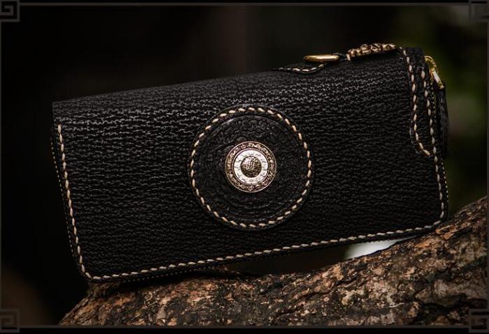 Handmade Leather Tibetan Mens Chain Biker Wallet Cool Leather Wallet Long Clutch Wallets for Men