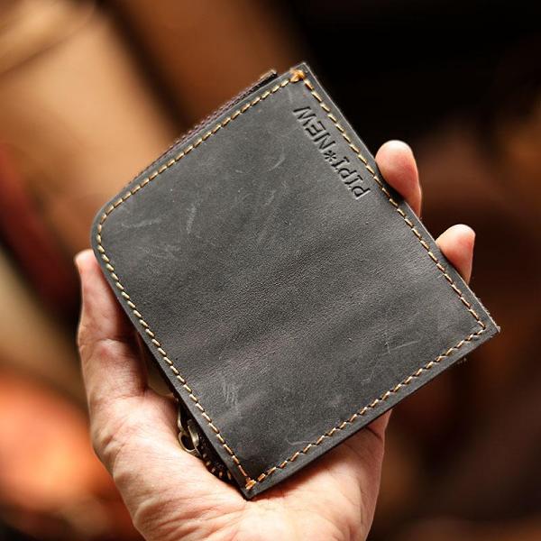 Handmade Slim Black Leather Mens billfold Wallet Zipper Small Wallet Front Pocket Wallet For Men