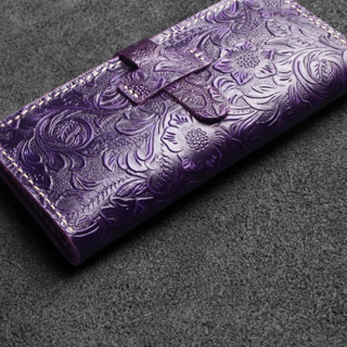 Handmade Leather Floral Mens Cool Travel Long Wallet Card Holder Card Slim Clutch Wallets for Men