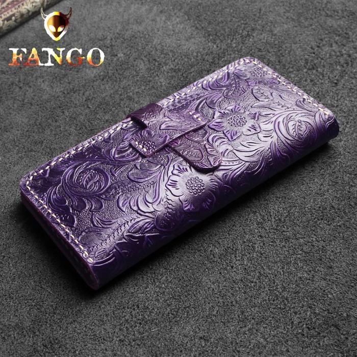 Handmade Leather Floral Mens Cool Travel Long Wallet Card Holder Card Slim Clutch Wallets for Men