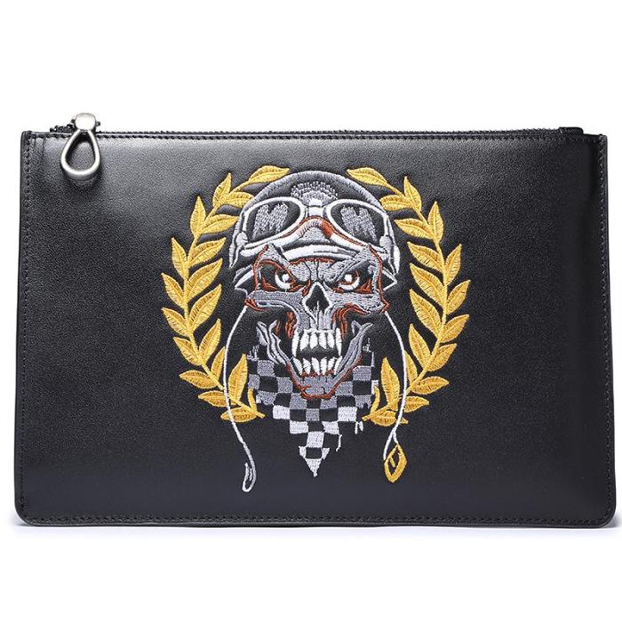 Handmade Leather Mens Clutch Skull Cool Slim Wallet Zipper Clutch Wristlet Wallet for Men