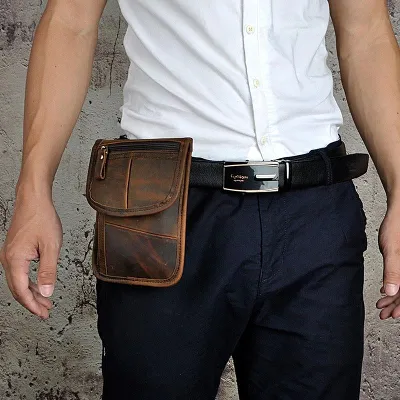Mens Leather Small Belt Pouch Slim Side Bag Waist Pouch Holster Belt Case for Men