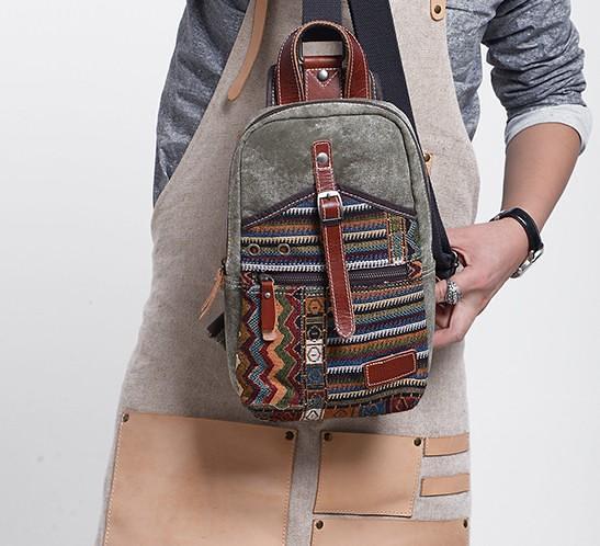 Folk Canvas Mens Sling Bag Vintage Chest Bag One Shoulder Pack for men