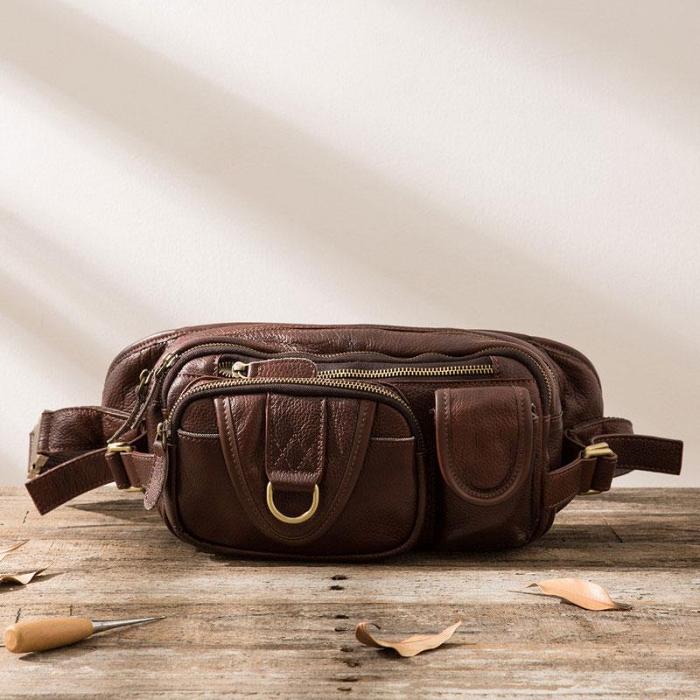 Coffee Cool Leather Fanny Packs Mens Waist Bag Hip Pack Belt Bag for Men