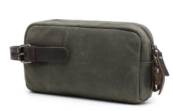 Cool Waxed Canvas Leather Mens Zipper Wristlet Bag Vintage Clutch Zipper Bag for Men