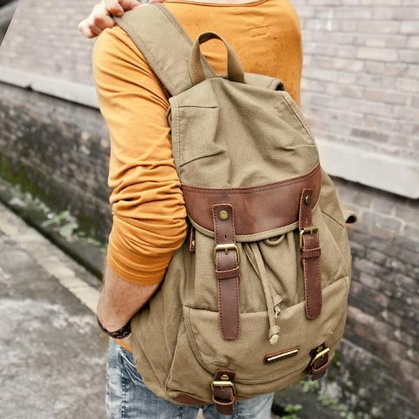 Canvas Leather Mens Women 16 Black Travel Backpack Khaki Computer Bag College Backpack for Men