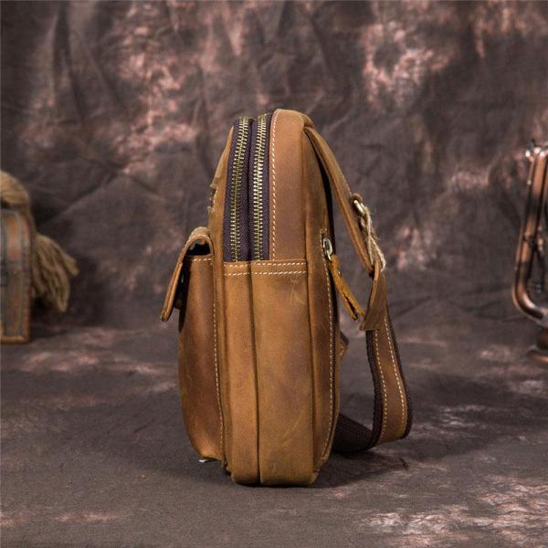 Retro Brown Leather Chest Bag Sling Bag Crossbody Sling Bag Hiking Sling Bag For Men