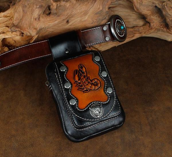 Cool Leather Mens Engraved Scorpion Biker Belt Pouch Waist Bag Drop Leg Bag for Men