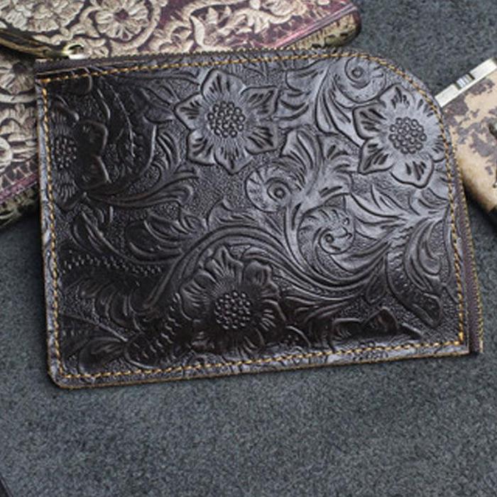 Handmade Leather Floral Mens Front Pocket Wallet Cool Slim Leather Wallet Men billfold Wallets Bifold for Men