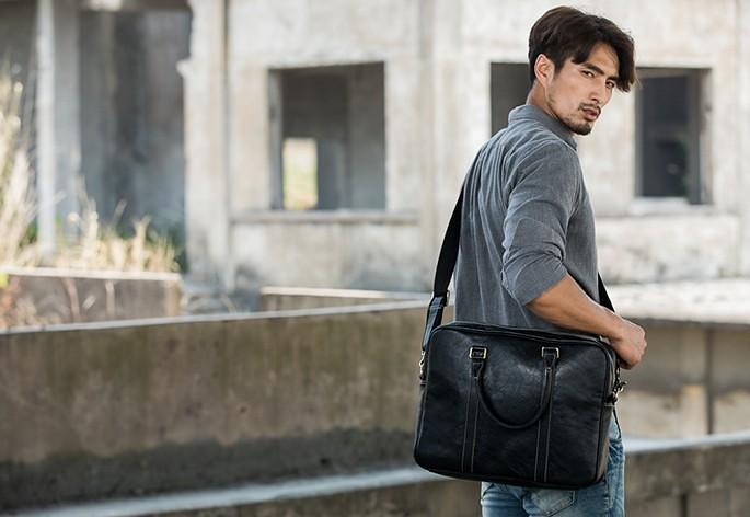 Cool Black Leather Mens Briefcase Work Bag Laptop Bag Business Bag for Men