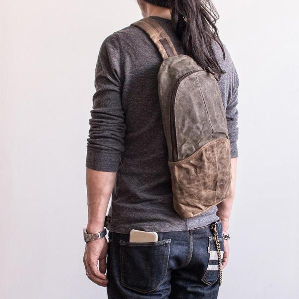 Canvas Leather Mens Cool Chest Bag Sling Bag Crossbody Bag Travel Bag Hiking Bag for men