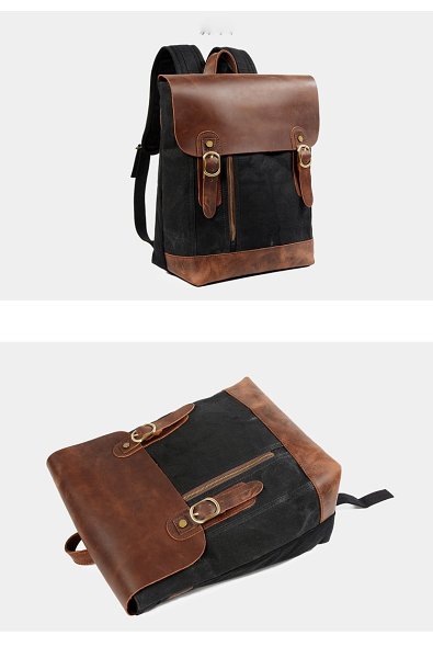 Waxed Canvas Leather Mens 14'' Waterproof Black School Backpack Green Travel Backpack for Men