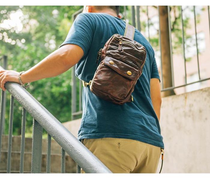 Fashion Black Leather Men Sling Bag Chest Bag Army Green Leather Sling Pack One Shoulder Backpack For Men