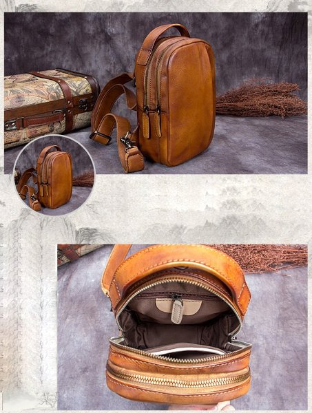 Vintage Leather Mens Sling Bag Crossbody Bag Chest Bag for men