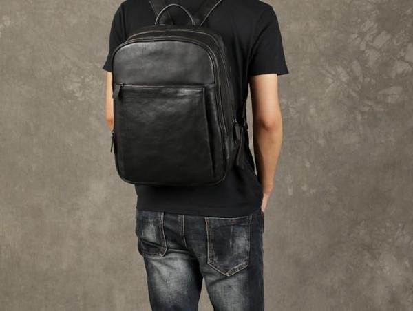 Genuine Leather Mens Cool Backpack Sling Bag Large Black Travel Bag Hiking Bag for men