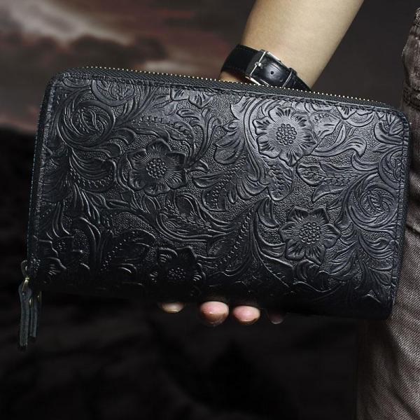 Handmade Leather Floral Tooled Mens Clutch Cool Slim Wallet Zipper Clutch Wristlet Wallet for Men