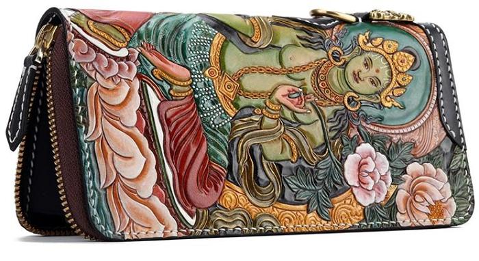 Handmade Leather Green Tara Buddhism Mens Chain Biker Wallet Cool Leather Wallet With Chain Wallets for Men