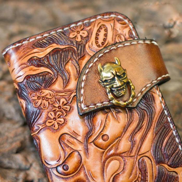 Handmade Leather Mens Cool Tooled Prajna Chain Wallet Biker Trucker Wallet with Chain