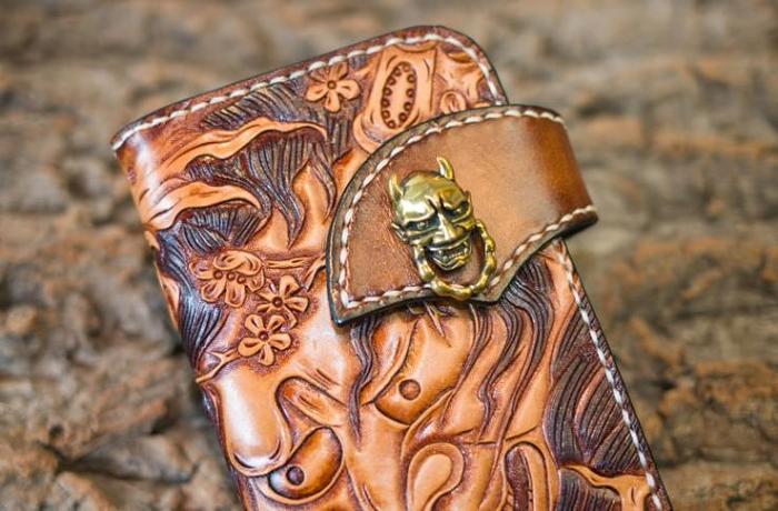 Handmade Leather Mens Cool Tooled Prajna Chain Wallet Biker Trucker Wallet with Chain