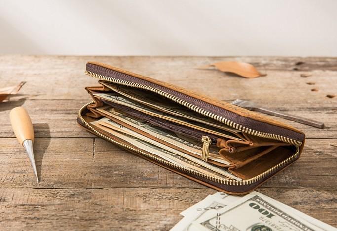 Cool Leather Mens Braided Long Zipper Clutch Wallet Long Wallet for Men